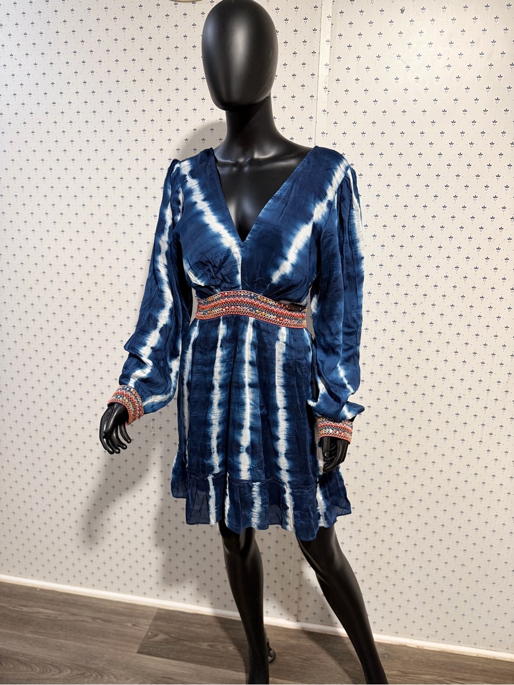 Anthropologie Verb by Pallavi Singhee Beaded Tie-Dye Mini Dress V-Neck Blue